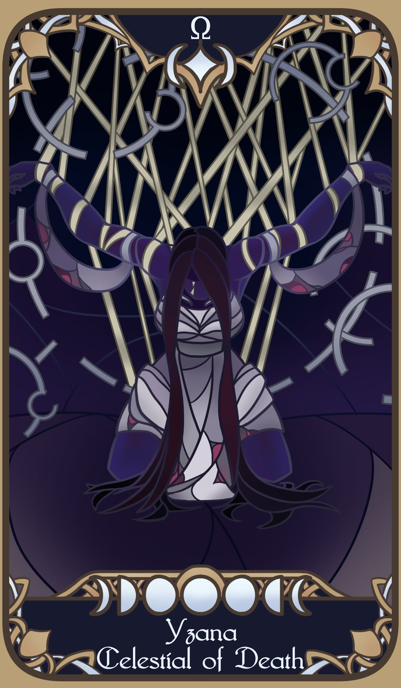 A tarot-inspired card for my homebrew D&D campaign, representing the celestial goddess 'Yzana' of death & rebirth.